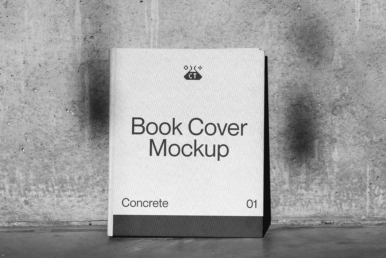 Black and white book cover mockup standing against a textured concrete wall, ideal for designers' presentations and portfolios.